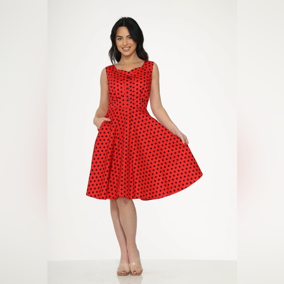 Unique Vintage Orchid Bloom 1950s Red & Black Polka Dot Fit & Flare Swing Dress - Picture 13 of 16